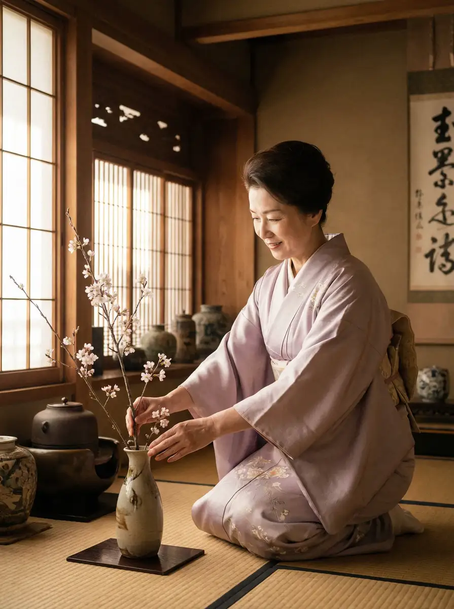 一位优雅的 一本之道加勒比在线观看 在和室中插花