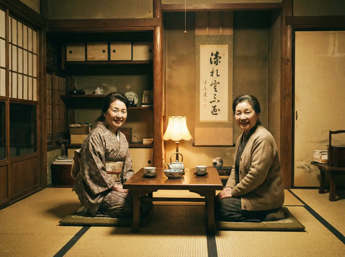 两位优雅的 一本之道加勒比在线观看 在日式茶室中品茶交谈